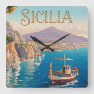 Reisposter in vintage stijl voor Sicilië Italië Vierkante Klok