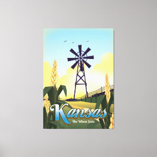 Reisposter Kansas "de Wheat state". Canvas Afdruk