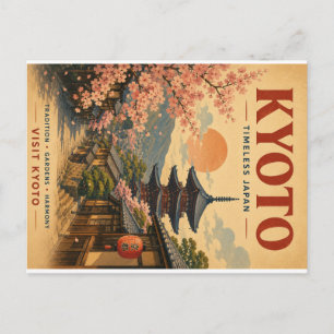 Reisposter met kersenbloesems in Vintage Kyoto a Feestdagenkaart