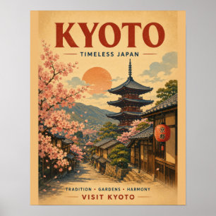 Reisposter met kersenbloesems in Vintage Kyoto a Poster