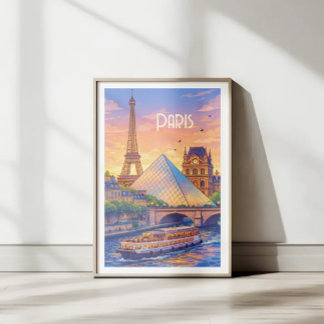 Reisposter Parijs Retro - Eiffeltoren & Louvre Poster