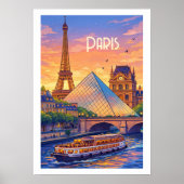 Reisposter Parijs Retro - Eiffeltoren & Louvre Poster (Voorkant)