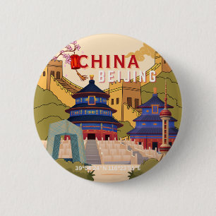 Reisposter Peking China Aziatische Stad Muurkuns Ronde Button 5,7 Cm