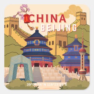 Reisposter Peking China   Aziatische Stad Muurkuns Vierkante Sticker