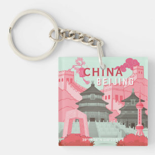 Reisposter Peking China Mintgroene, Roze Kunst Sleutelhanger