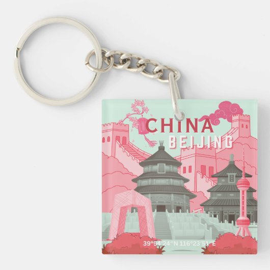 Reisposter Peking China | Mintgroene, Roze Kunst Sleutelhanger (Voorkant)