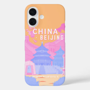 Reisposter Peking China Roze & Blau Pastel iPhone 16 Hoesje