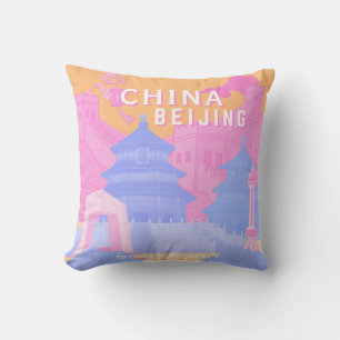 Reisposter Peking China Roze & Blau Pastel Kussen