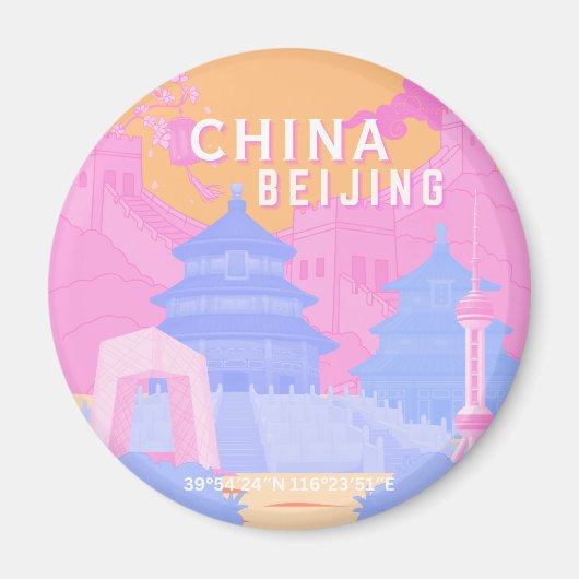 Reisposter Peking China | Roze & Blau Pastel Magneet (Voorkant)