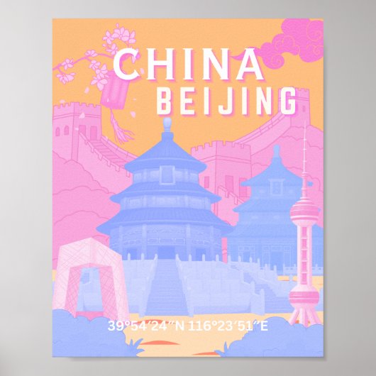 Reisposter Peking China | Roze & Blau Pastel Poster (Voorkant)