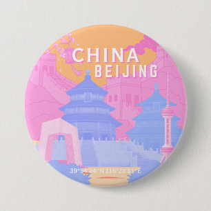 Reisposter Peking China   Roze & Blau Pastel Ronde Button 7,6 Cm
