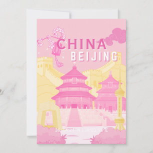 Reisposter Peking China   Roze & Gele Kunst Bedankkaart