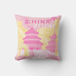 Reisposter Peking China Roze & Gele Kunst Kussen