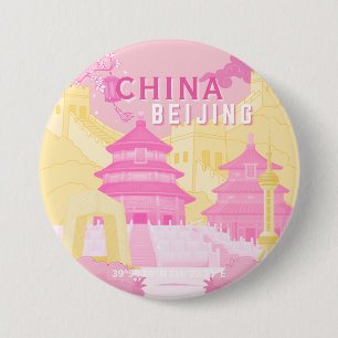 Reisposter Peking China   Roze & Gele Kunst Ronde Button 7,6 Cm