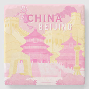 Reisposter Peking China   Roze & Gele Kunst Stenen Onderzetter