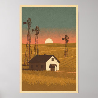 Reisposter Prairie Windmolens bij Schemering Poster