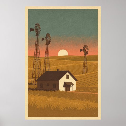 Reisposter Prairie Windmolens bij Schemering Poster (Voorkant)
