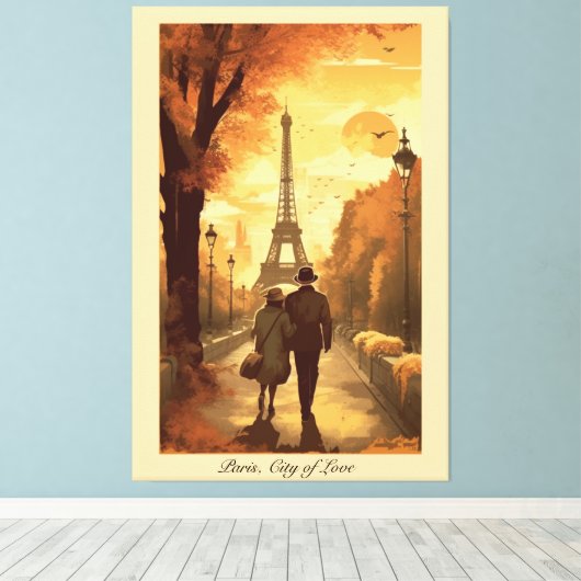 Reisposter, Romance in Parijs aanpasbaar Canvas Afdruk (Insitu (Houten vloer))