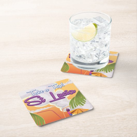 Reisposter Saint Lucia Cartoon. Kartonnen Onderzetters (Insitu)