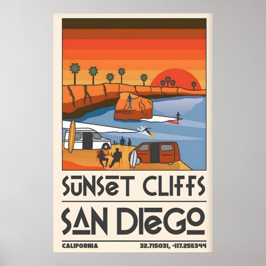 Reisposter San Diego Retro Sunset Cliffs Scene Poster (Voorkant)