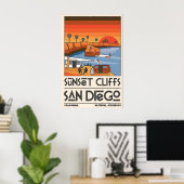 Reisposter San Diego Retro Sunset Cliffs Scene Poster (Thuiskantoor)