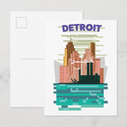 Reisposter van de skyline van Detroit City. Uitnodiging Briefkaart (Voorkant / Achterkant)