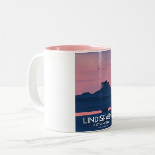 Reisposter van het Castle-kanaal Lindisfarne North Tweekleurige Koffiemok (Voorkant links)