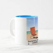 Reisposter van het strand van Duckpool Cornwall Tweekleurige Koffiemok (Voorkant links)