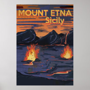 Reisposter van Mount Etna, Sicilië uit vroeger tij Poster