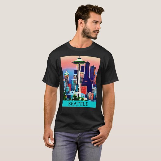 Reisposter van Seattle onder een Dawn Sky T-shirt (Voorkant volledig)