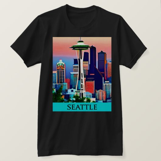 Reisposter van Seattle onder een Dawn Sky T-shirt (Design voorkant)