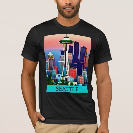 Reisposter van Seattle onder een Dawn Sky T-shirt (Voorkant)