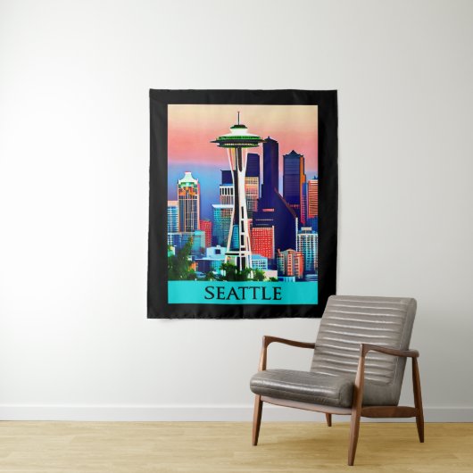 Reisposter van Seattle onder een Dawn Sky Wandkleed (In situ)