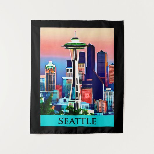 Reisposter van Seattle onder een Dawn Sky Wandkleed (Voorkant)
