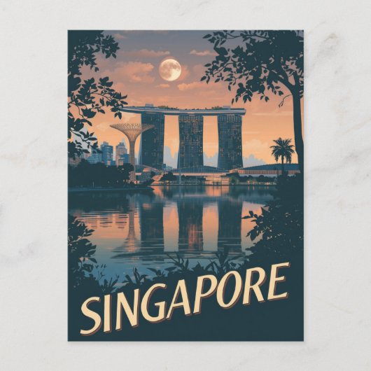 Reisposter van Singapore met Skyline Maan Briefkaart (Voorkant)