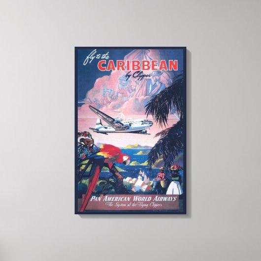 Reisposter van watervliegtuig vliegend over Caribi Canvas Afdruk (Voorkant)