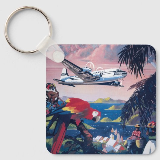 Reisposter van watervliegtuig vliegend over Caribi Sleutelhanger (Voorkant)