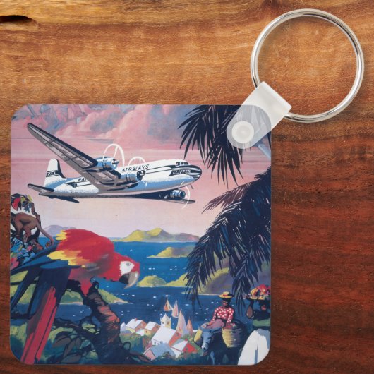 Reisposter van watervliegtuig vliegend over Caribi Sleutelhanger (Achterkant)