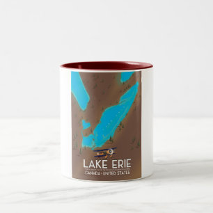 reisposter voor het meer van Erie, USA Lake Map Tweekleurige Koffiemok