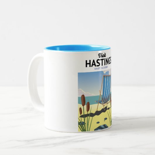 Reisposter voor Oost-Sussex-strandreis Tweekleurige Koffiemok (Voorkant links)