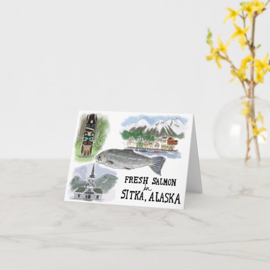 Reisschets Notecard: Zalm in Sitka, Alaska Kaart (Gele Bloem)