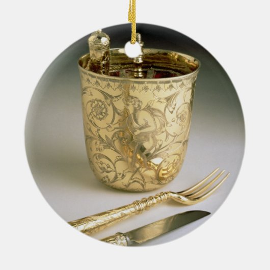 Reisset van een mes, vork, lepel en bekerglas keramisch ornament (Achterkant)