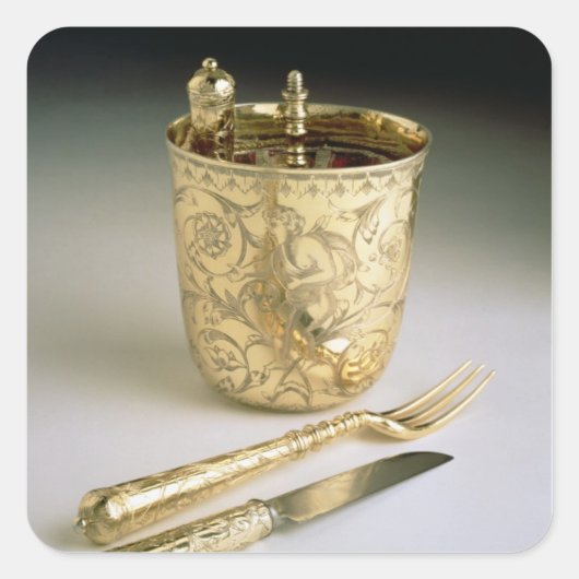 Reisset van een mes, vork, lepel en bekerglas vierkante sticker (Voorkant)