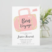 Reistas koffer geel goud roze vertrek feest kaart (Staand voorkant)