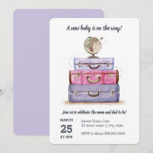 Reisthema Baby shower Paarse uitnodiging (Voorkant / Achterkant)