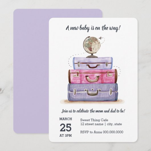 Reisthema Baby shower Paarse uitnodiging (Voorkant / Achterkant)
