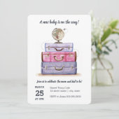 Reisthema Baby shower Paarse uitnodiging (Staand voorkant)