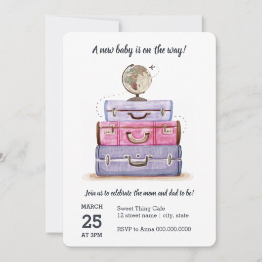 Reisthema Baby shower Paarse uitnodiging (Voorkant)