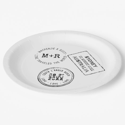 Reisthema Paspoortstempel Aangepaste bruiloft Papieren Bordje (Gekanteld)