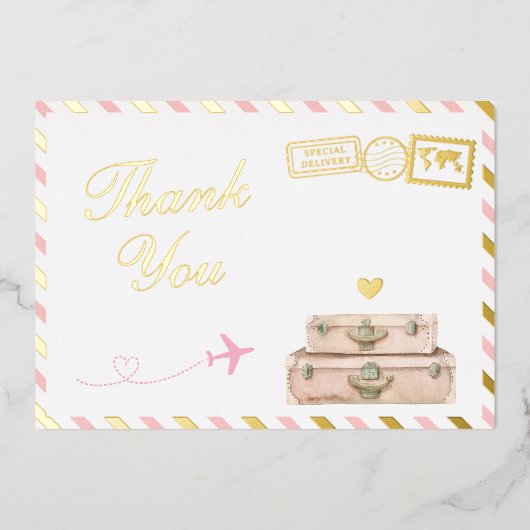 Reizen Baby Meisje Douche Dank u Kaart Pink Gold (Voorkant)